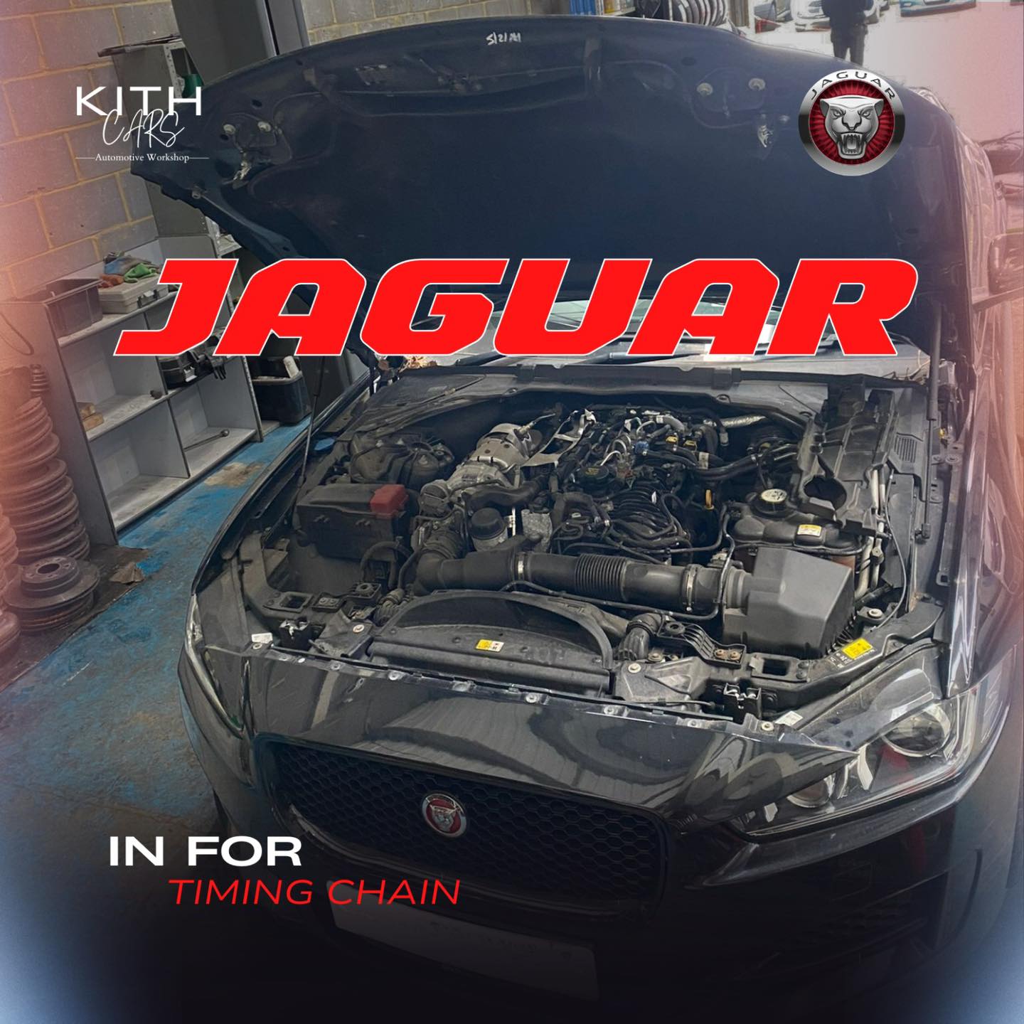 Jaguar timing chain replacement — engine open at KITHCARS