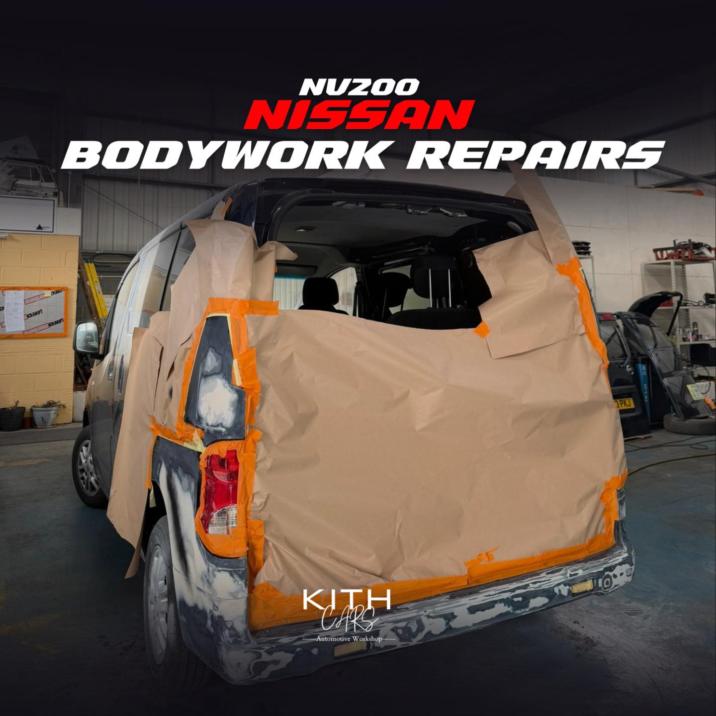 Nissan NV200 bodywork repairs in progress — masking and prep